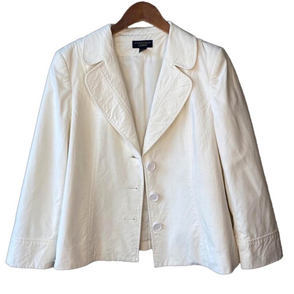 Louben Portfolio Classic Ivory Button Front 3/4 Sleeve Blazer Jacket Size 14